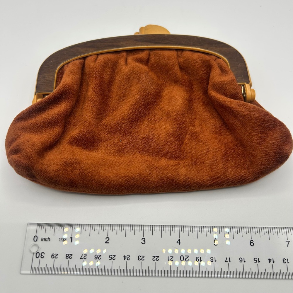 Vintage Rust Orange Faux Suede Frame Clutch Bag‎ Faux Wood Kiss Lock Hong Kong